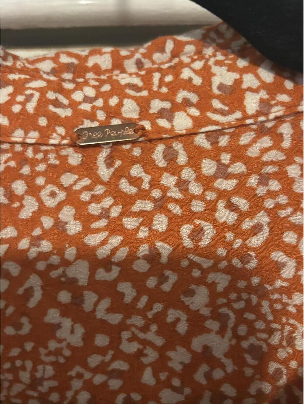 Free People Celia Print Tie-Front Button-Down Boho Blouse | Orange Animal Print - Picture 5 of 7